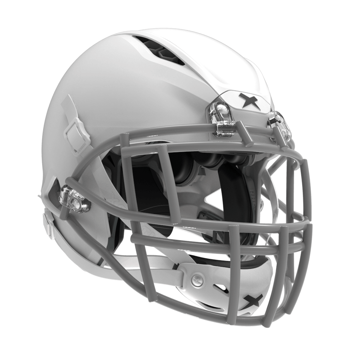 Color::matte white/grey, facemask::xrs-22s | Shadow XR football helmet with matte white shell and gray XRS-22S facemask from front diagonal.