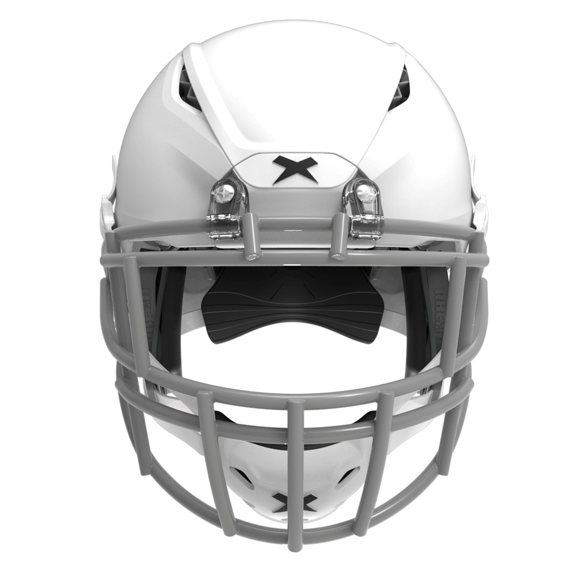 Color::matte white/grey, facemask::xrs-22s | Shadow XR football helmet with matte white shell and gray XRS-22S facemask from front.