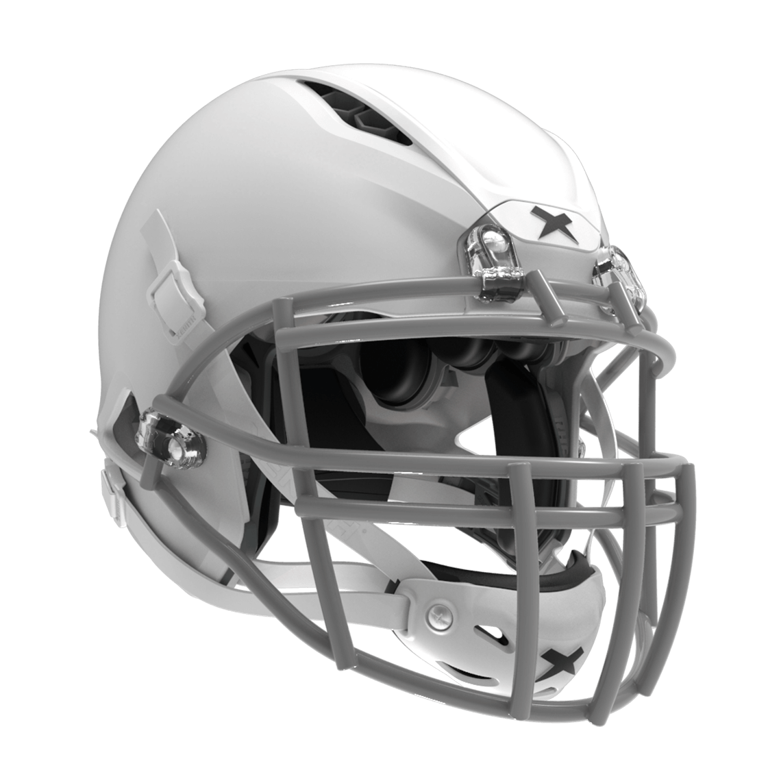 Color::matte white/grey, facemask::xrn-22x | Shadow XR football helmet with matte white shell and gray XRN-22X facemask from front diagonal.