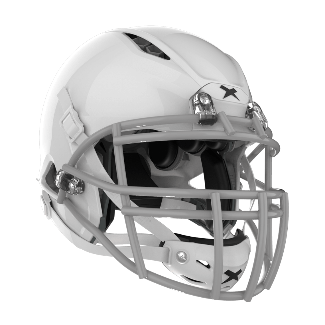 Color::white/grey, facemask::xrn-22x | Shadow XR football helmet with white shell and gray XRN-22X facemask from front diagonal.