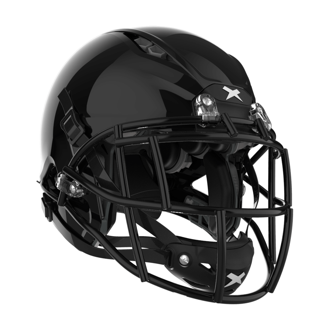 Color::black/black, facemask::xrs-21s | Shadow XR football helmet with black shell and black XRS-21S facemask from front diagonal.