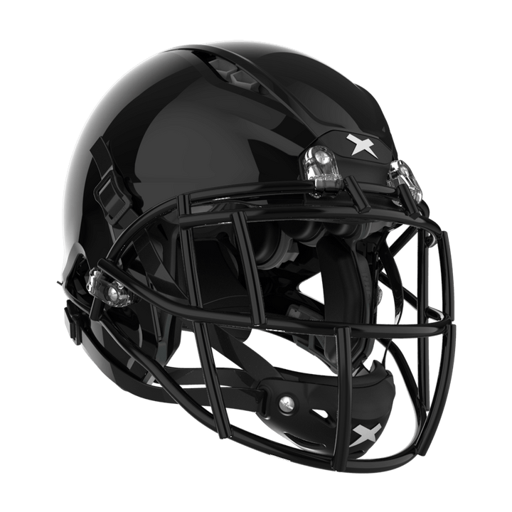Color::black/black, facemask::xrs-21s | Shadow XR football helmet with black shell and black XRS-21S facemask from front diagonal.
