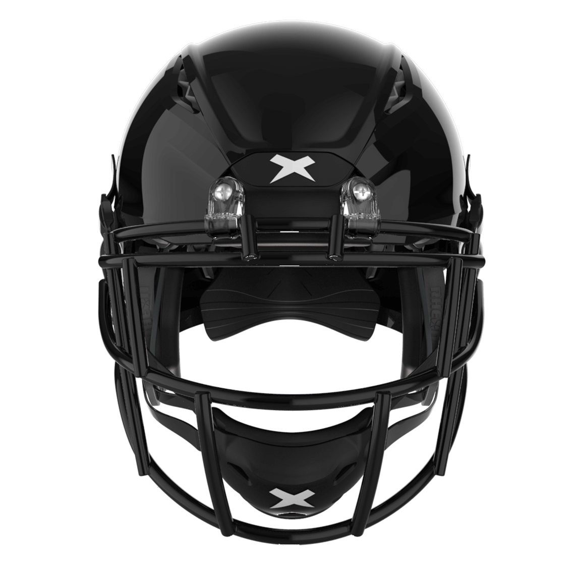 Color::black/black, facemask::xrs-21s | Shadow XR football helmet with black shell and black XRS-21S facemask from front.