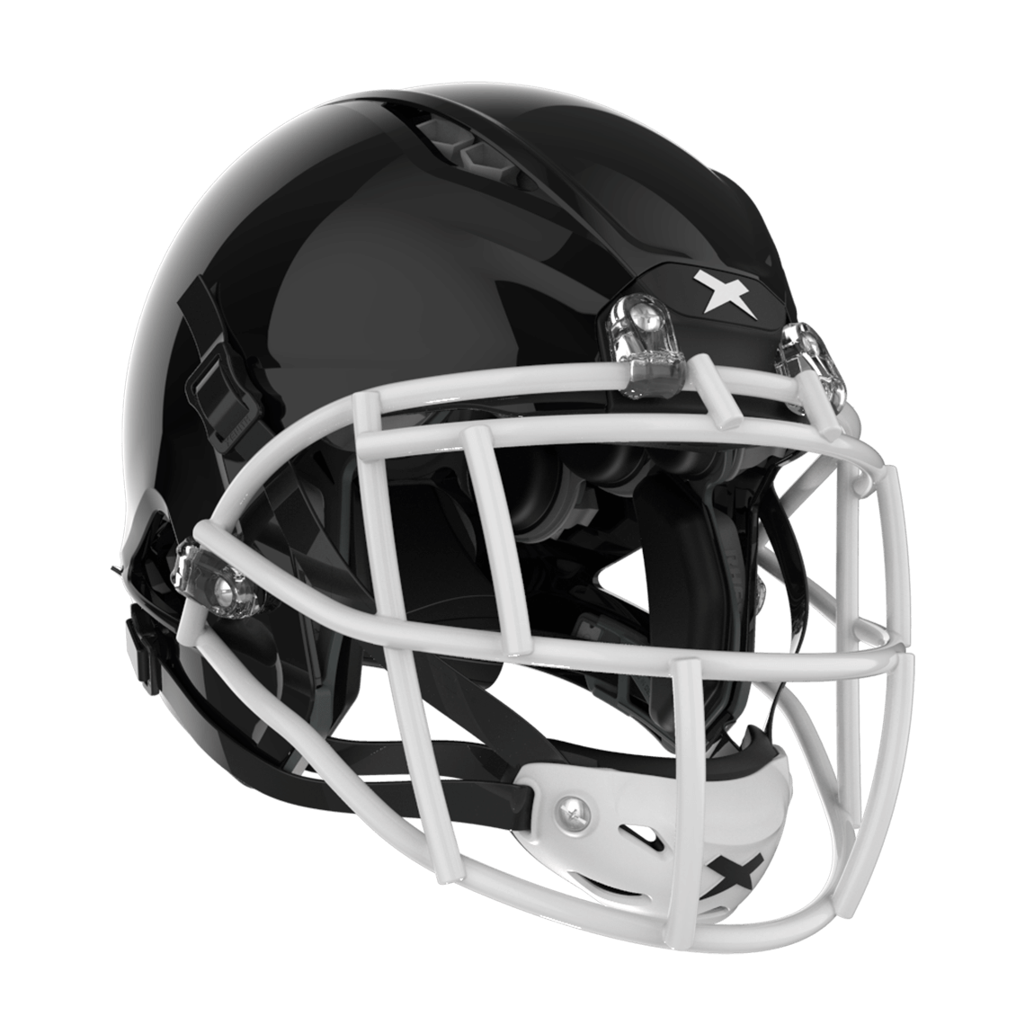 Color::black/white, facemask::xrs-21s | Shadow XR football helmet with black shell and white XRS-21S facemask from front diagonal.