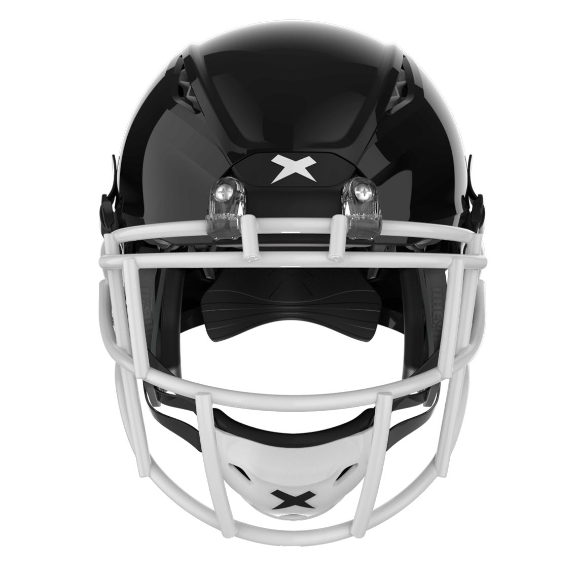 Color::black/white, facemask::xrs-21s | Shadow XR football helmet with black shell and white XRS-21S facemask from front.