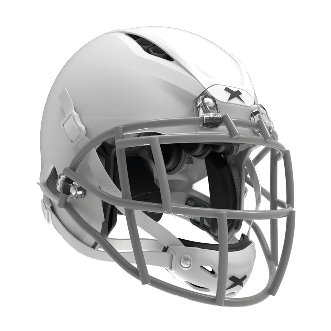 Color::matte white/grey, facemask::xrs-21s | Shadow XR football helmet with matte white shell and gray XRS-21S facemask from front diagonal.