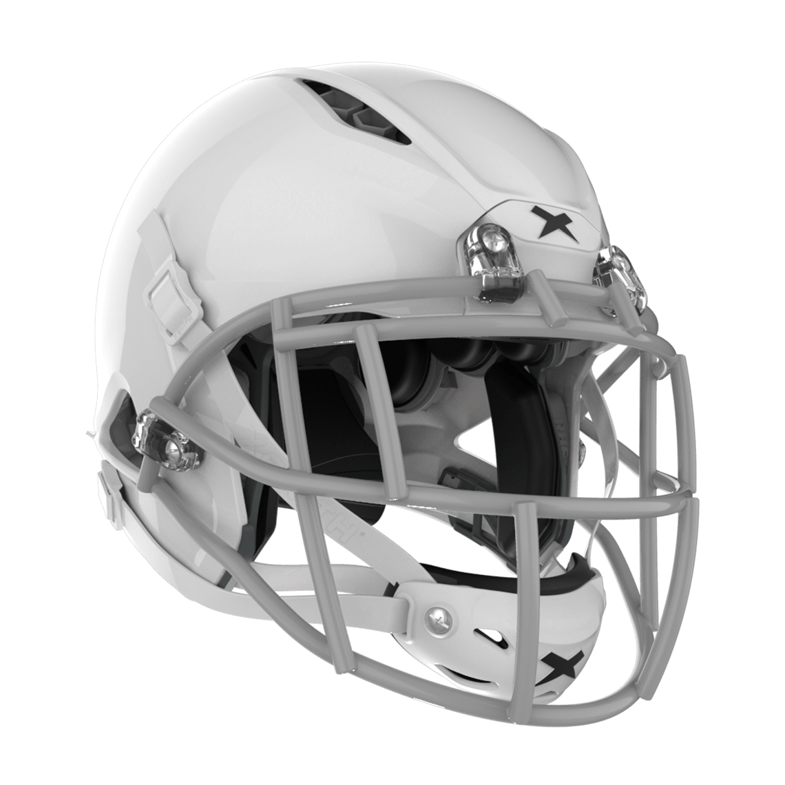 Color::white/grey, facemask::xrs-21s | Shadow XR football helmet with white shell and gray XRS-21S facemask from front diagonal.