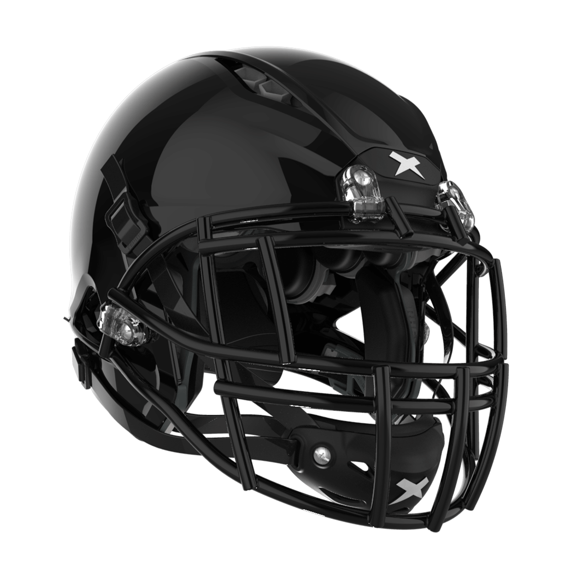 Color::black/black, facemask::xrs-22s | Shadow XR football helmet with black shell and black XRS-22S facemask from front diagonal.