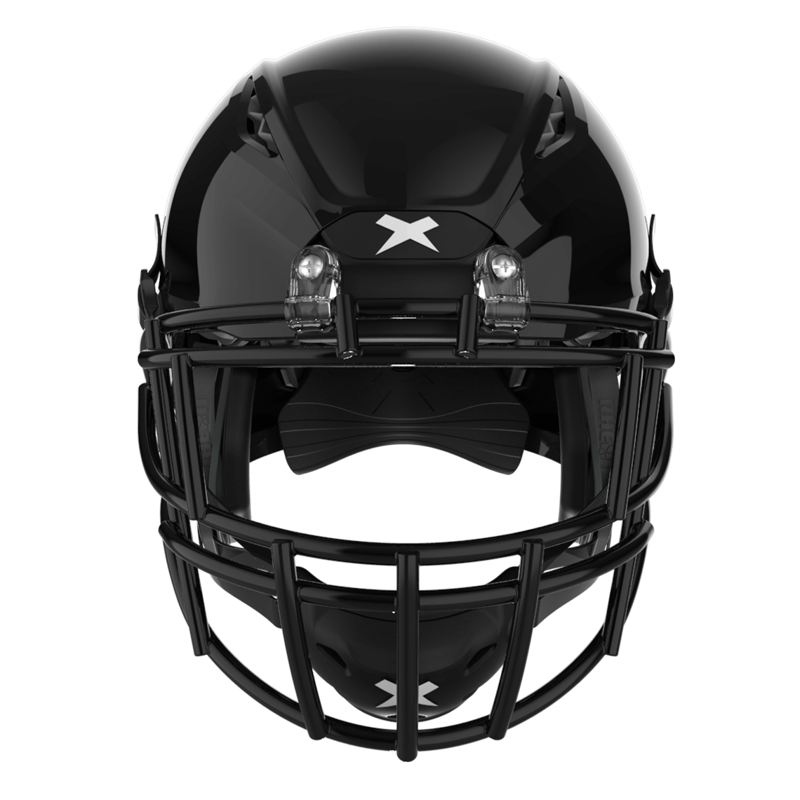 Color::black/black, facemask::xrs-22s | Shadow XR football helmet with black shell and black XRS-22S facemask from front.