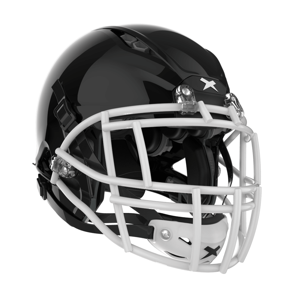 Color::black/white, facemask::xrs-22s | Shadow XR football helmet with black shell and white XRS-22S facemask from front diagonal.