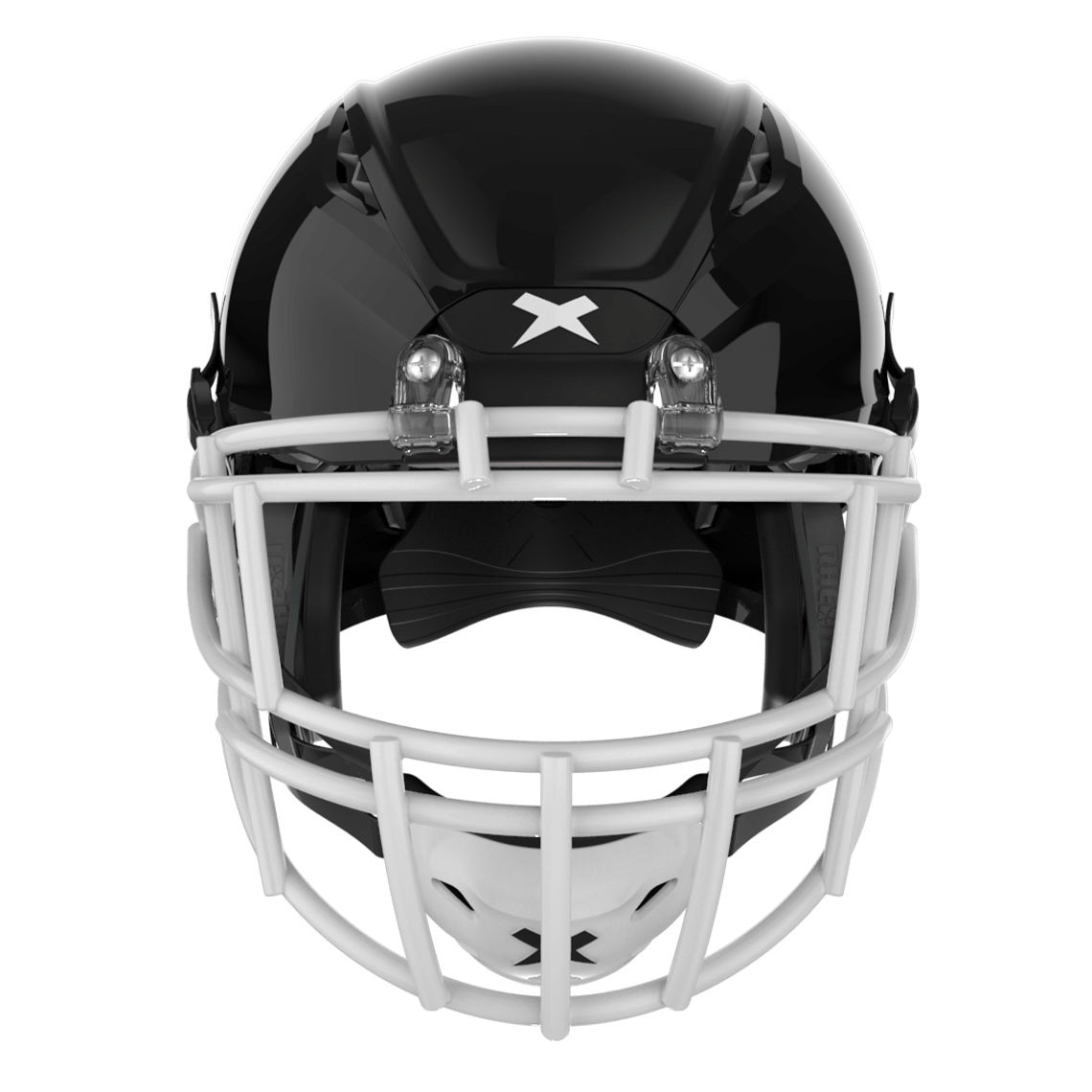 Color::black/white, facemask::xrs-22s | Shadow XR football helmet with black shell and white XRS-22S facemask from front.