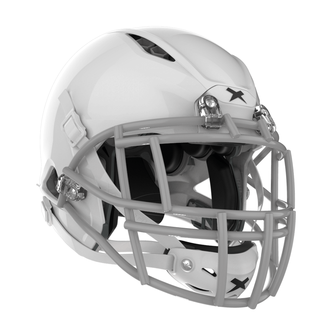 Color::white/grey, facemask::xrs-22s | Shadow XR football helmet with white shell and gray XRS-22S facemask from front diagonal.