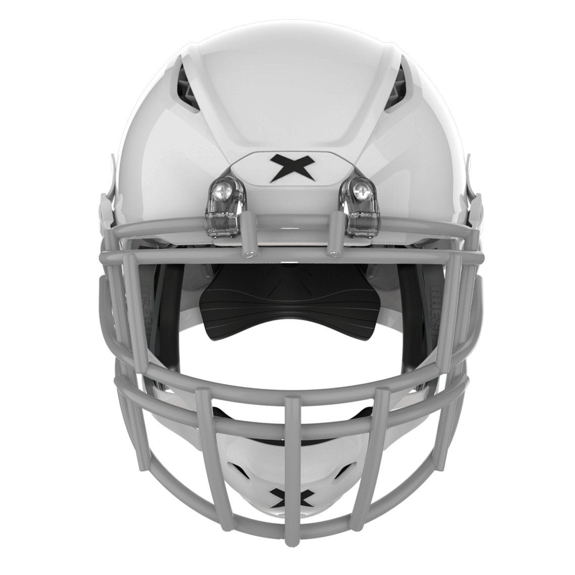 Color::white/grey, facemask::xrs-22s | Shadow XR football helmet with white shell and gray XRS-22S facemask from front.