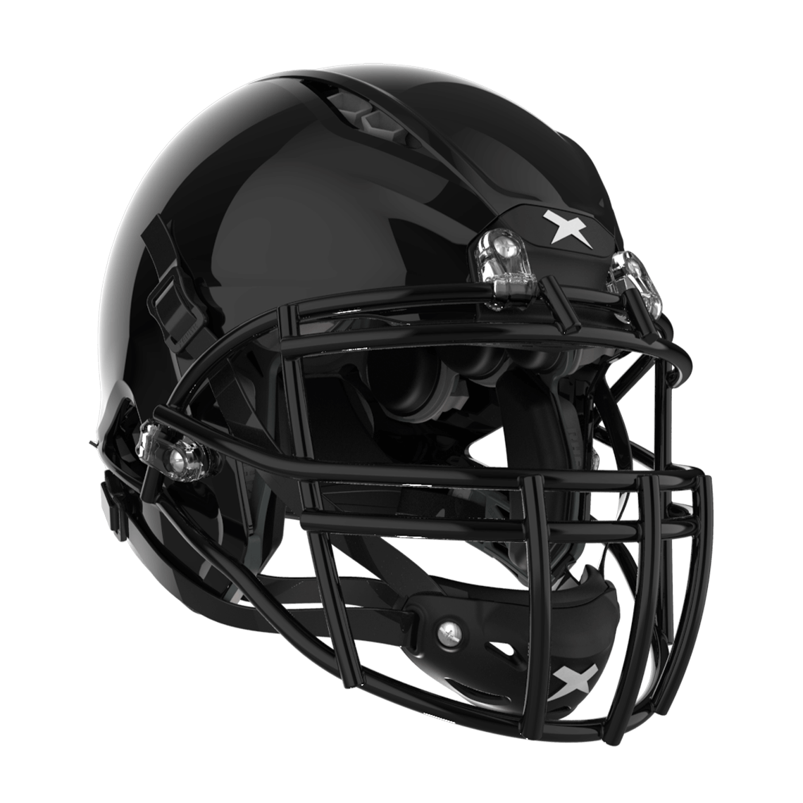 Color::black/black, facemask::xrn-22x | Shadow XR football helmet with black shell and black XRN-22X facemask from front diagonal.