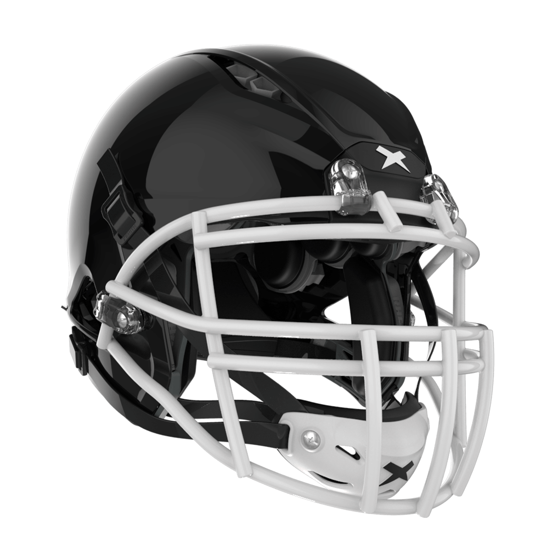 Color::black/white, facemask::xrn-22x | Shadow XR football helmet with black shell and white XRN-22X facemask from front diagonal.