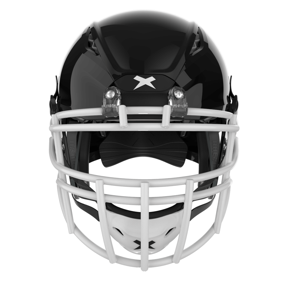 Color::black/white, facemask::xrn-22x | Shadow XR football helmet with black shell and white XRN-22X facemask from front.