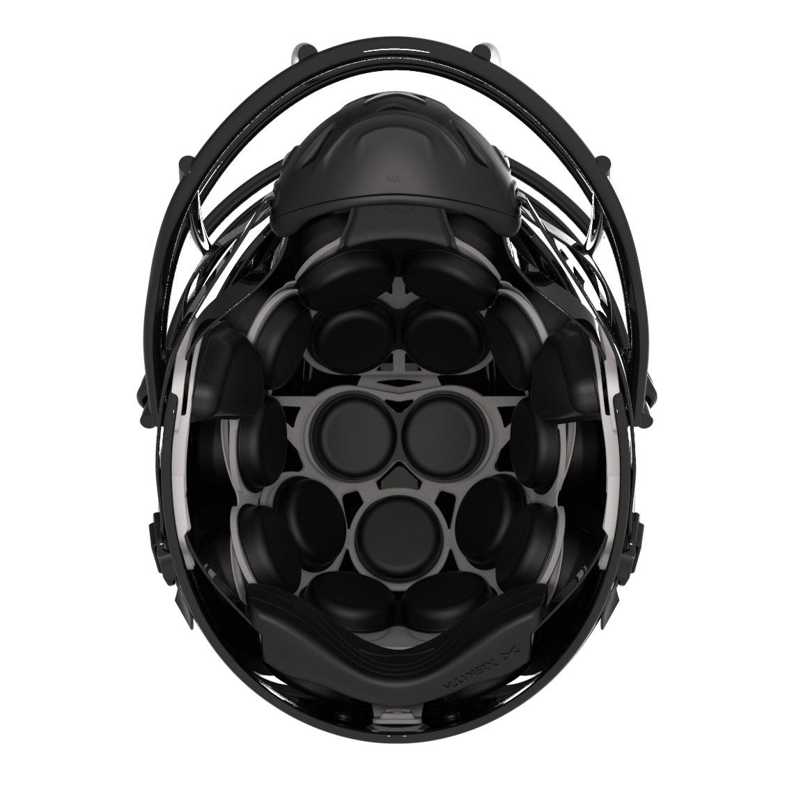 #Color_black/black, facemask::xrs-21x | Shadow football helmet with black shell and black XRS-21X facemask from bottom.