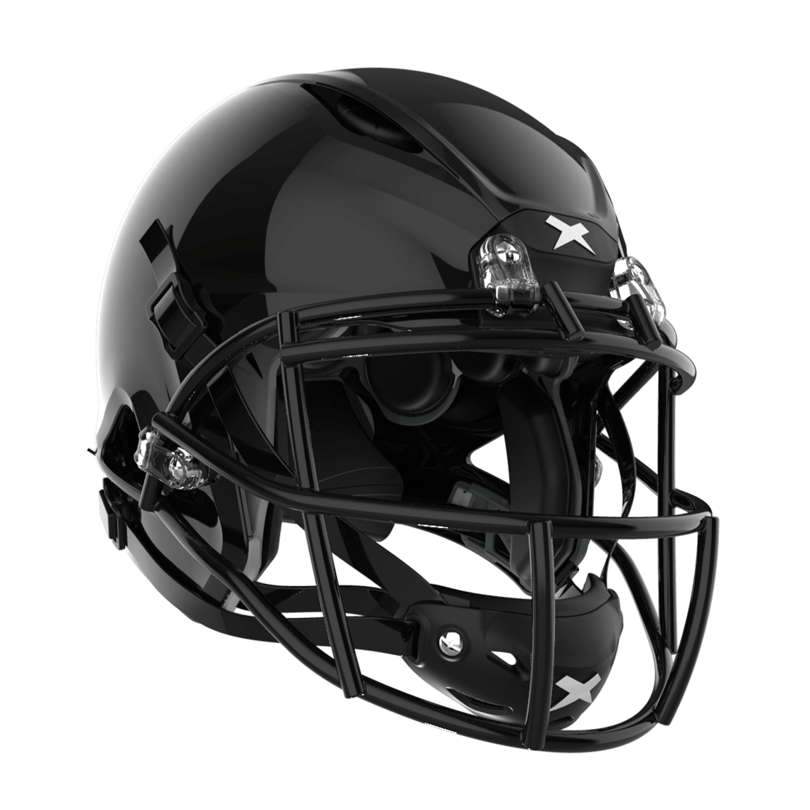 #Color_black/black, facemask::xrs-21x | Shadow football helmet with black shell and black XRS-21X facemask from front diagonal.