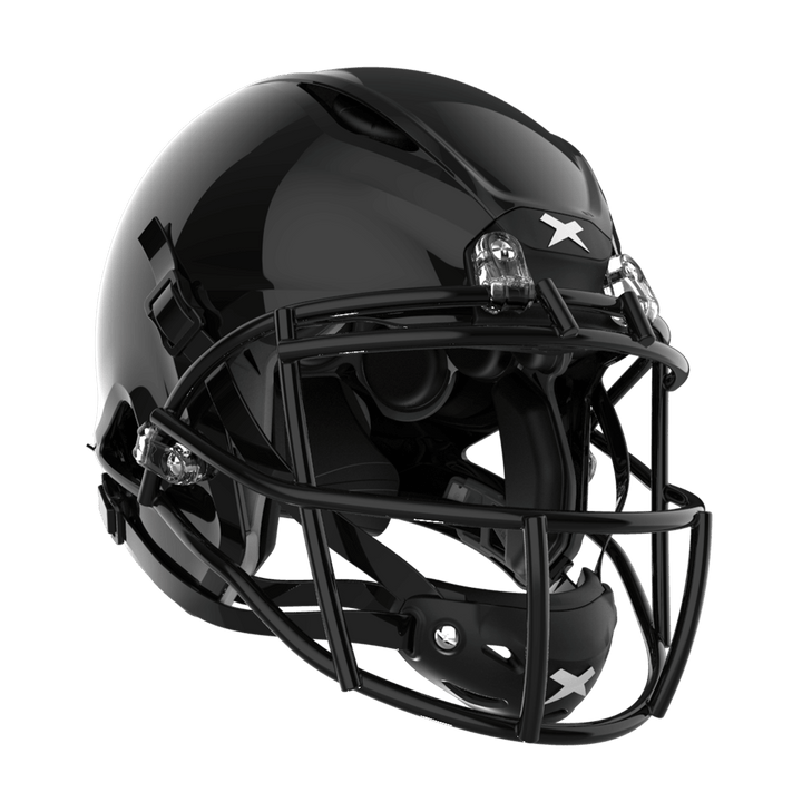 #Color_black/black, facemask::xrs-21x | Shadow football helmet with black shell and black XRS-21X facemask from front diagonal.