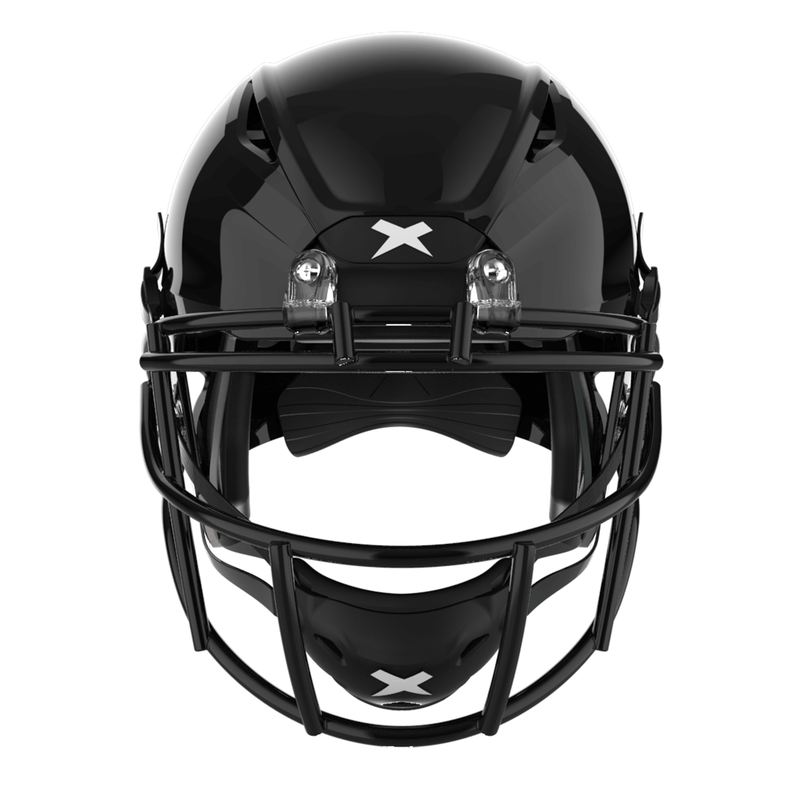 #Color_black/black, facemask::xrs-21x | Shadow football helmet with black shell and black XRS-21X facemask from front.