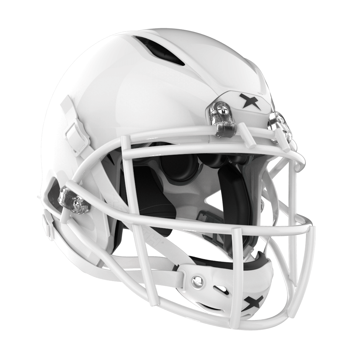 #Color_white/white, facemask::xrs-21x | Shadow football helmet with white shell and white XRS-21X facemask from front diagonal.