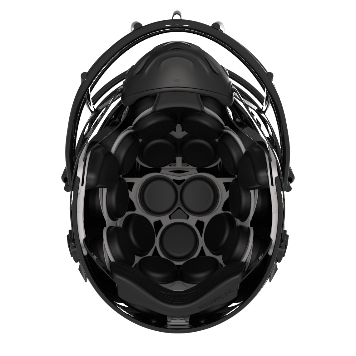 #Color_black/black, facemask::xrs-22x | Shadow football helmet with black shell and black XRS-22X facemask from bottom.