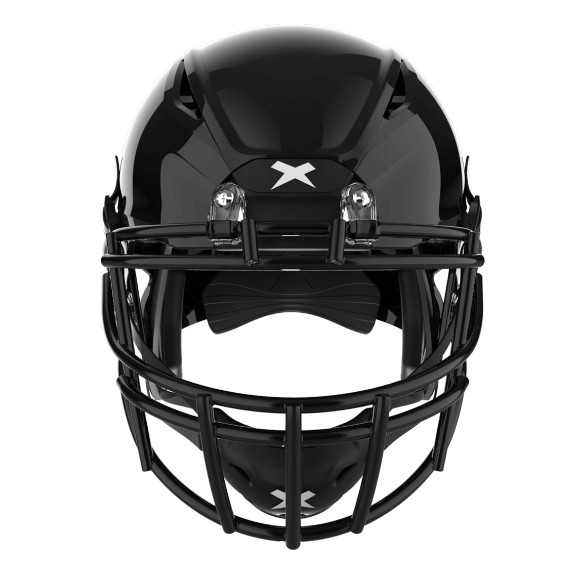 #Color_black/black, facemask::xrs-22x | Shadow football helmet with black shell and black XRS-22X facemask from front.