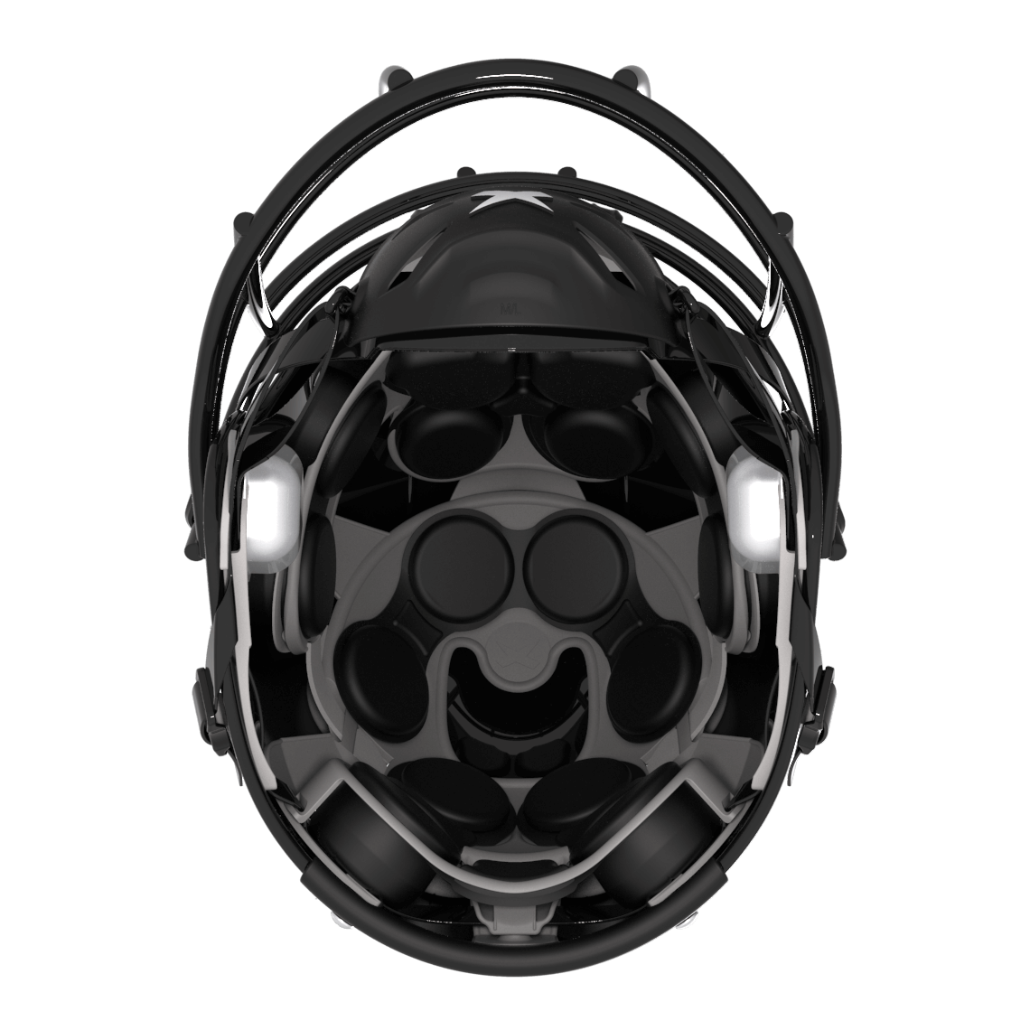 Color::black/black, facemask::xrs-21x | X2E+ football helmet with black shell and black XRS-21X facemask from bottom.
