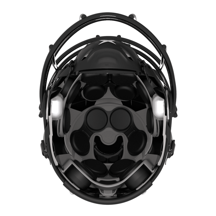 Color::black/black, facemask::xrs-21x | X2E+ football helmet with black shell and black XRS-21X facemask from bottom.