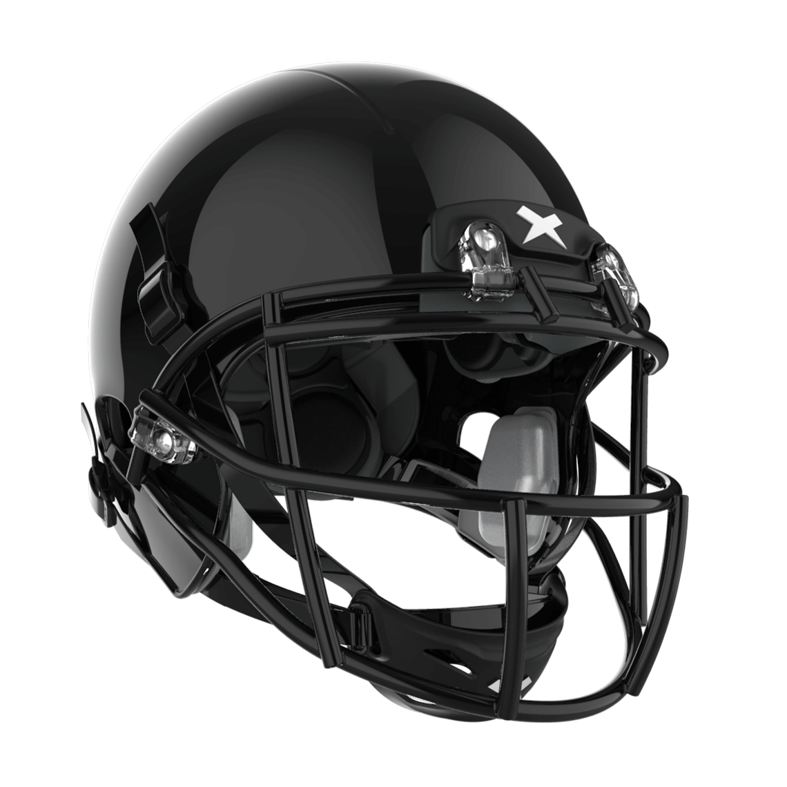 Color::black/black, facemask::xrs-21x | X2E+ football helmet with black shell and black XRS-21X facemask from front diagonal.