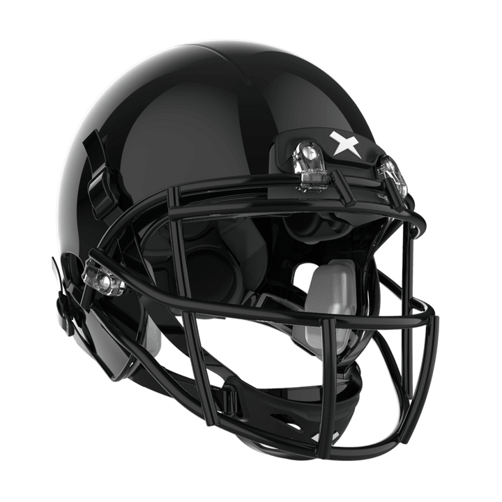 Color::black/black, facemask::xrs-21x | X2E+ football helmet with black shell and black XRS-21X facemask from front diagonal.