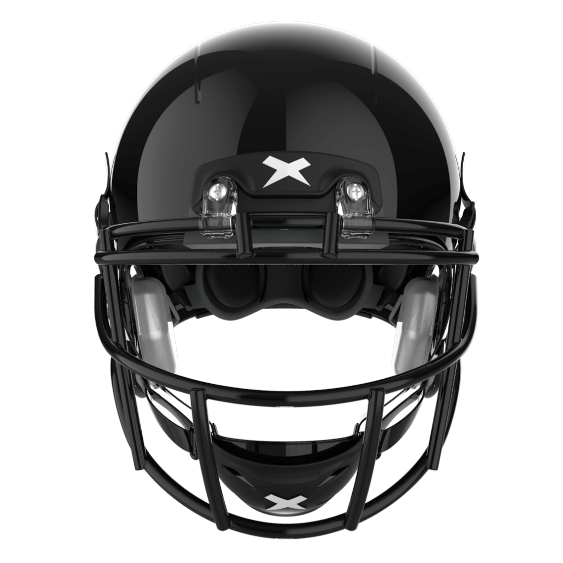 #Color_Black/black | X2E+ football helmet with black shell and black XRS-21X facemask from front.
