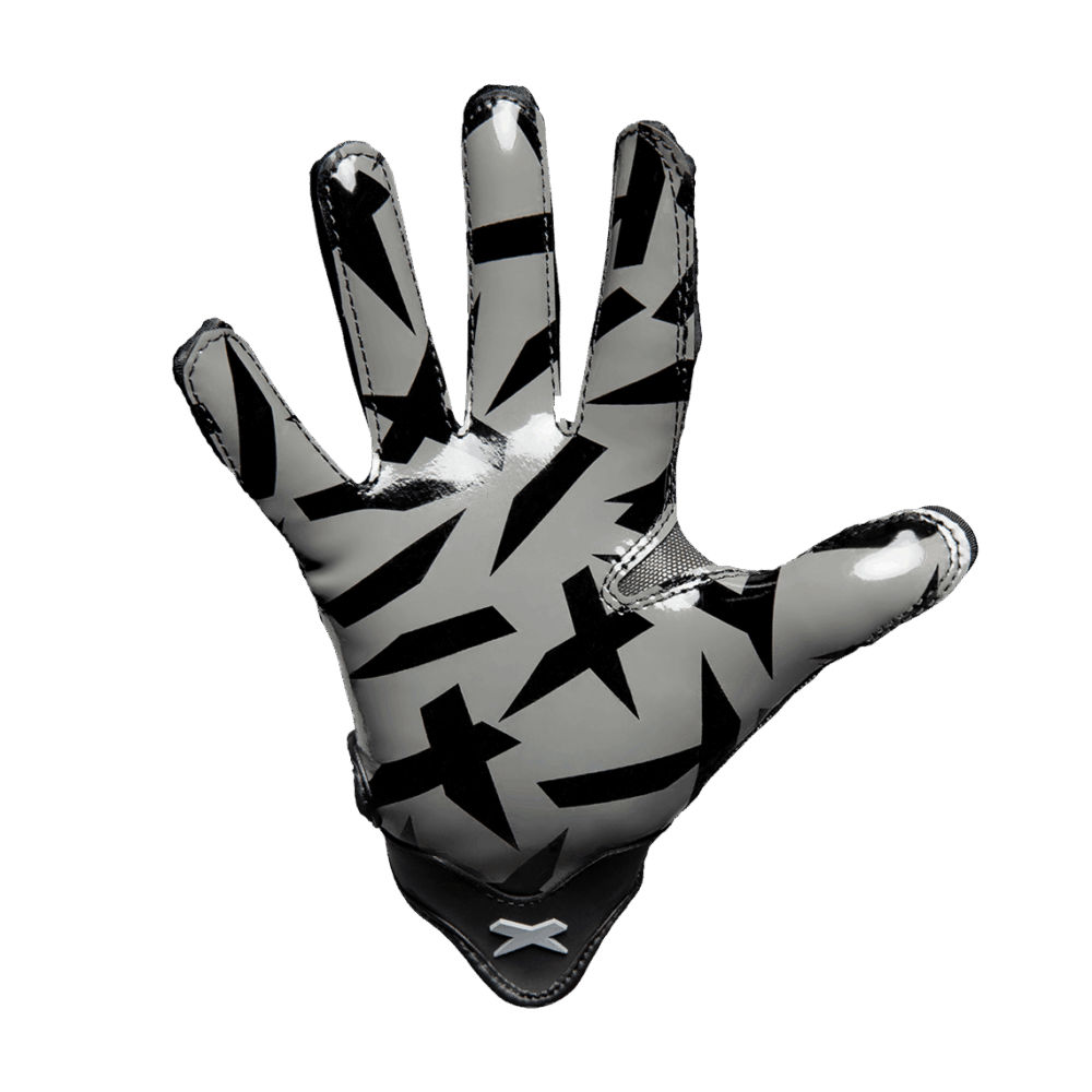 Palm view of black and gray X-Camo print on Xenith Precision Receiver Football Gloves.