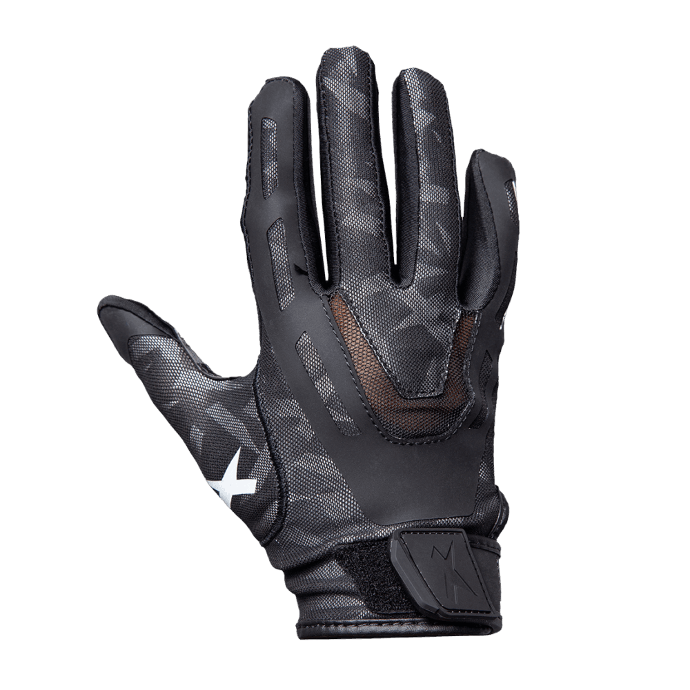 Palm view of black and gray X-Camo print on Xenith Precision Receiver Football Gloves.