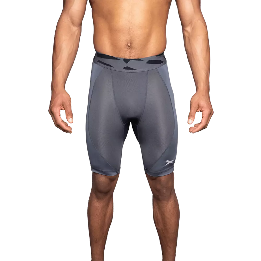 Black compression short on male model, from rear.