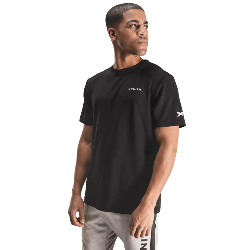 Male model wearing black t-shirt with white Xenith wordmark on left breast.