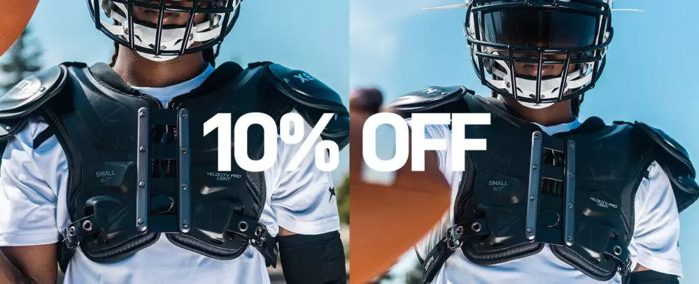 Player wearing Xenith velocity 2 shoulder pads - text 10% Off