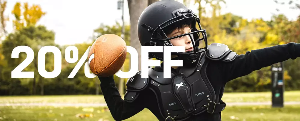 Player wearing black X2E helmet and Flyte 2 shoulder pads. Text says 20% off