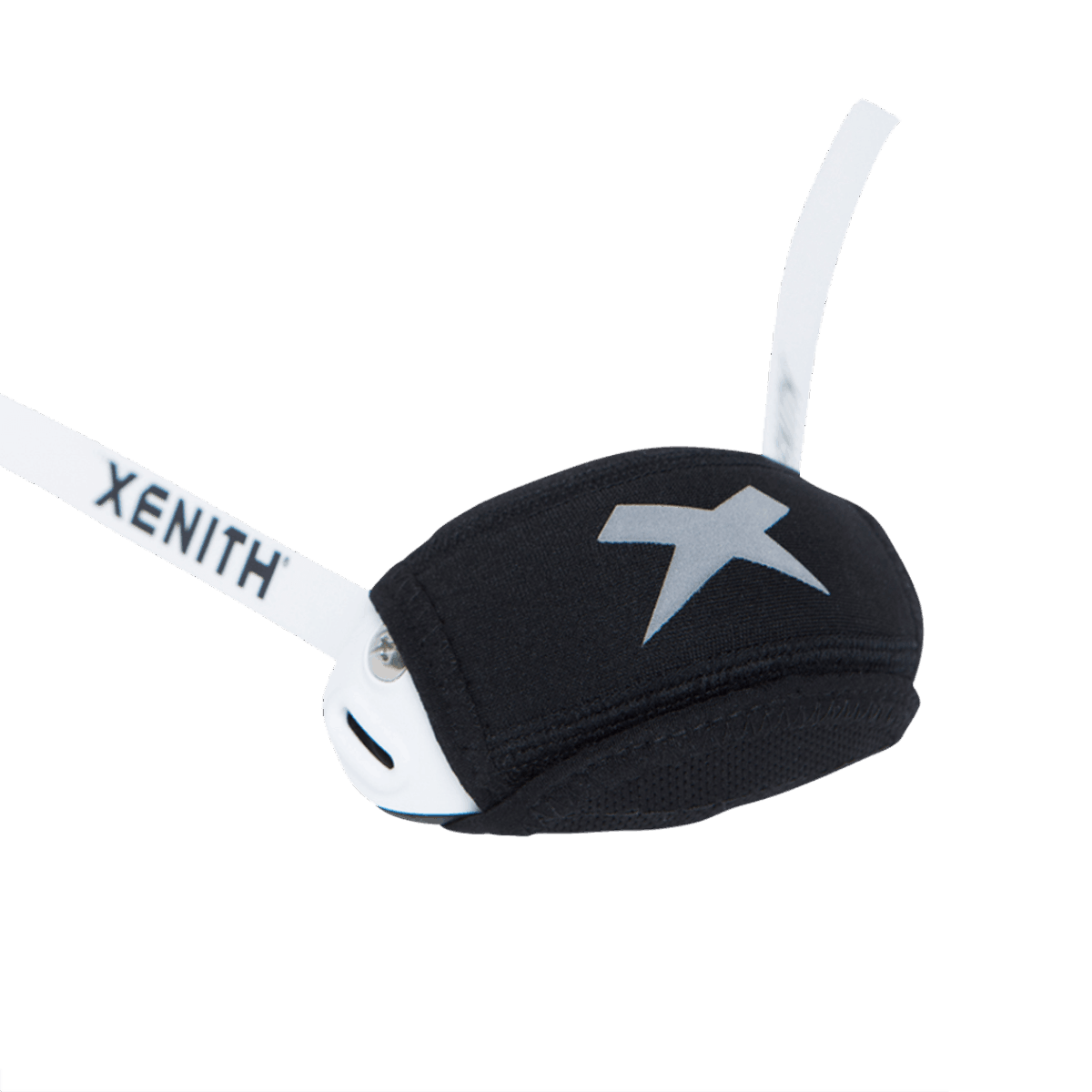 Black chin cup sleeve with white Xenith-X logo from front.