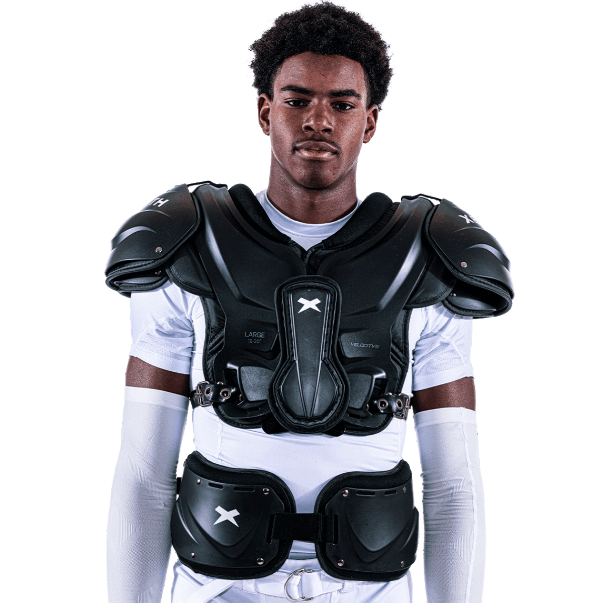 Varsity athlete wearing black Xenith core guard with black adjustment straps over shoulders.