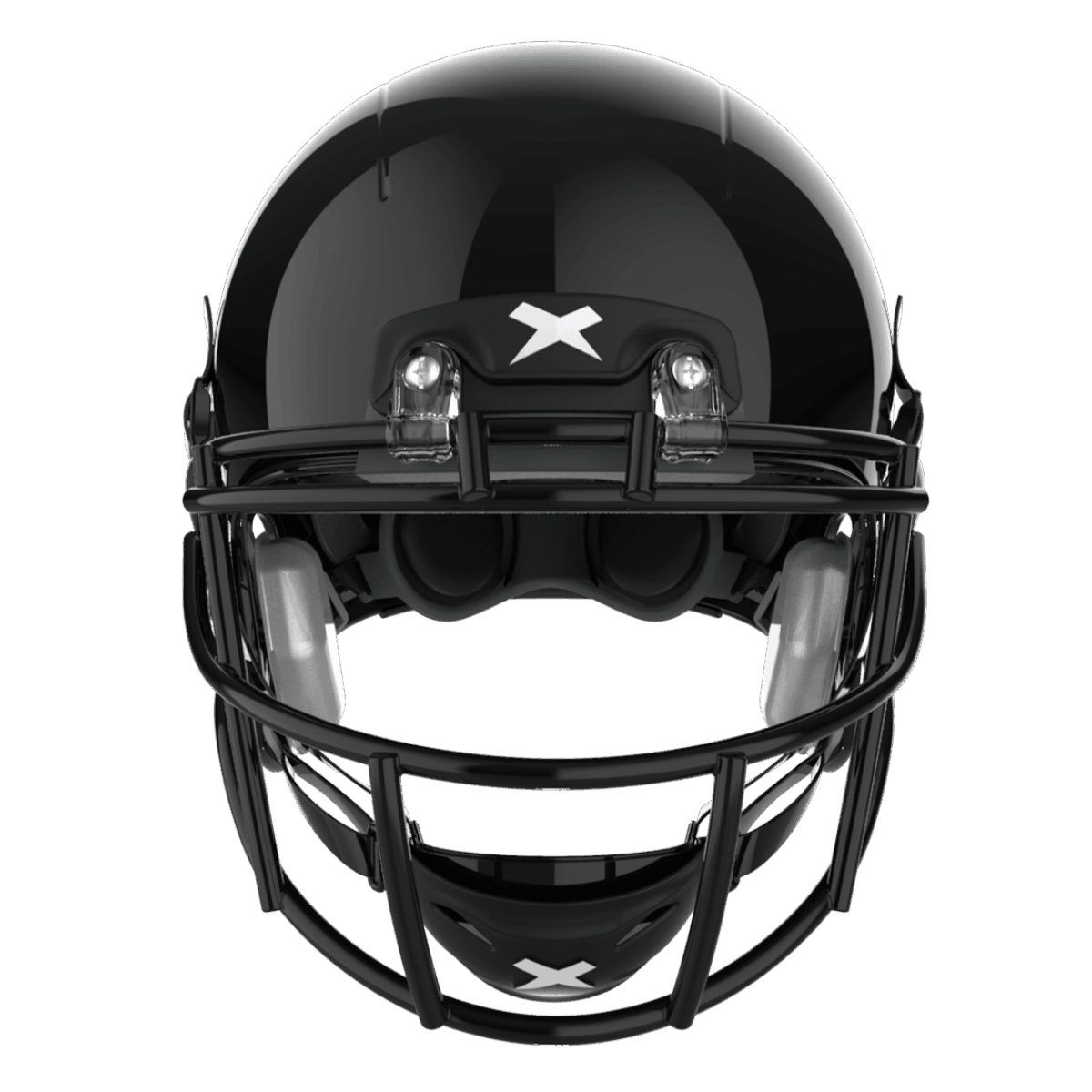 Front view X2E+ football helmet with black shell and black Prime facemask.