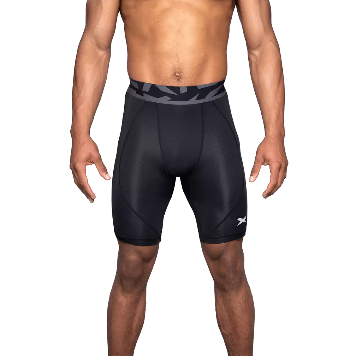 Black compression short on male model, from front.