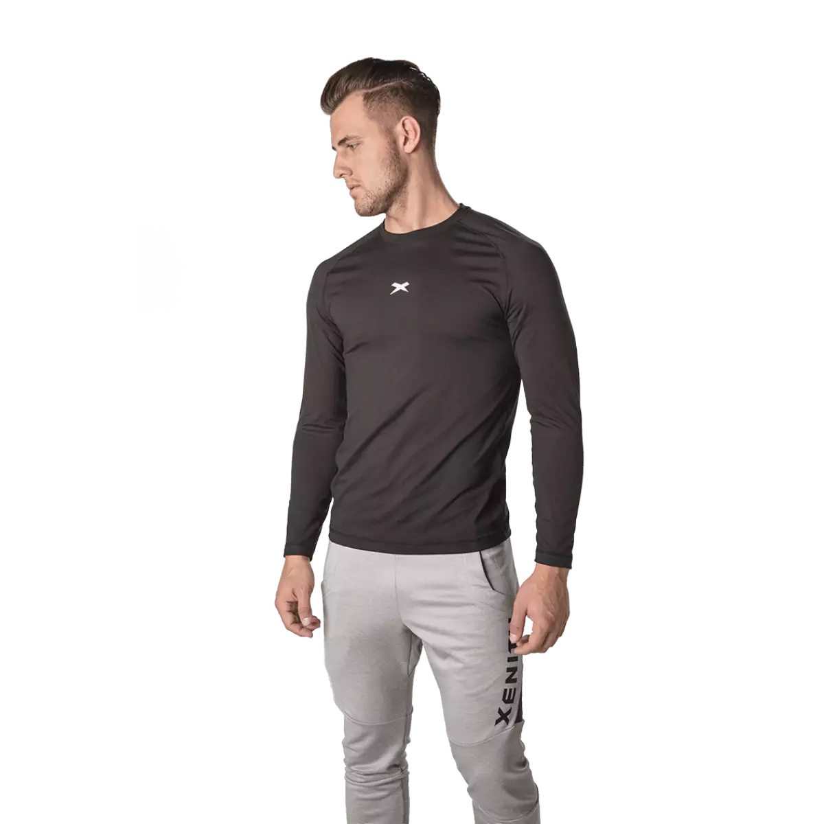 Male model wearing black long sleeve shirt with white Xenith-X logo on sternum, from front.