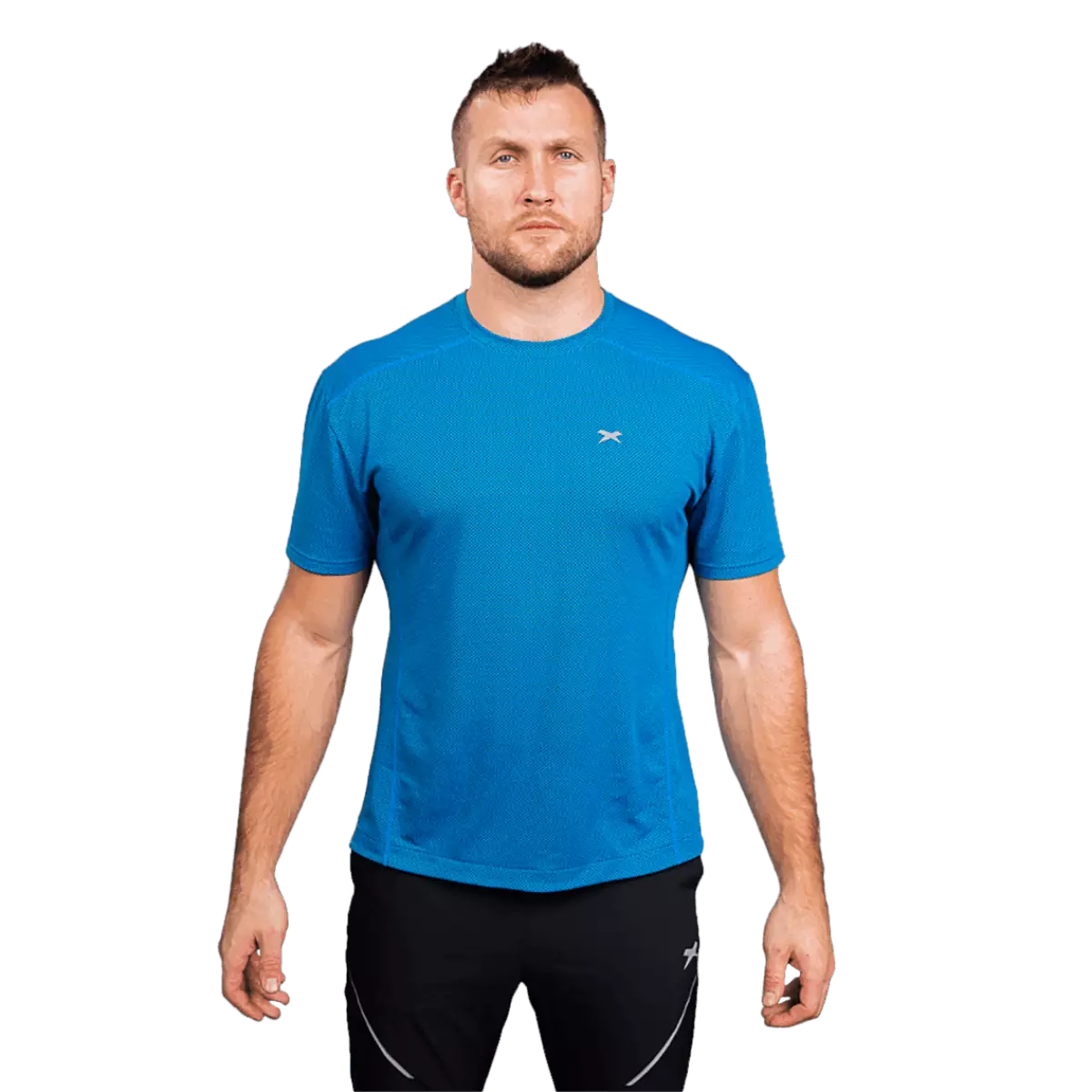 Male model in cobalt blue short sleeve shirt with reflective Xenith-X logo, from front.