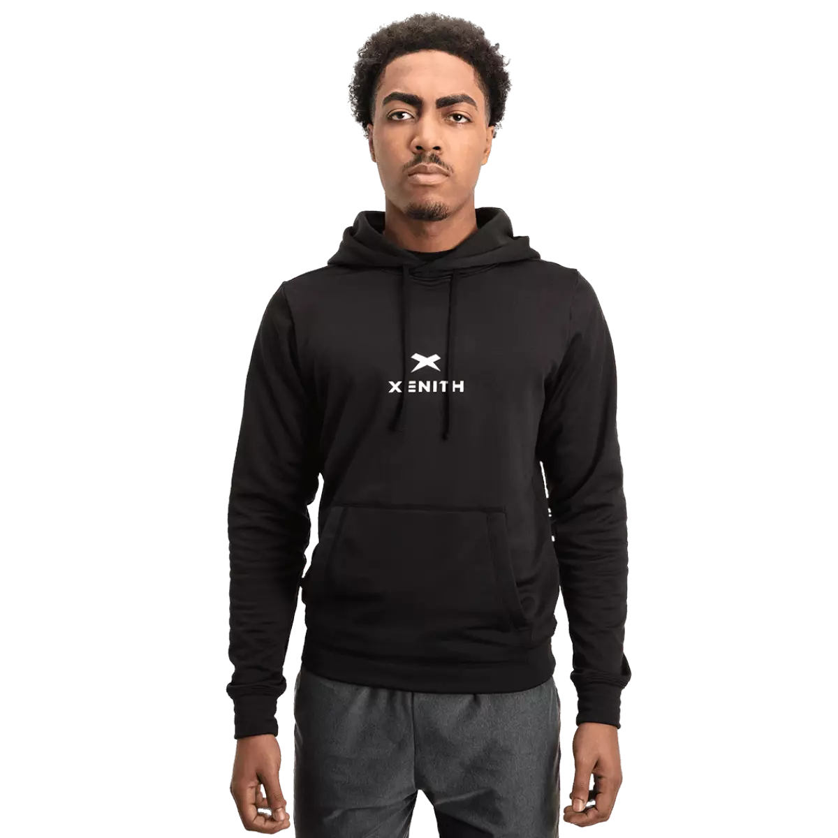 Male model wearing black hoodie with white Xenith-X logo and wordmark.
