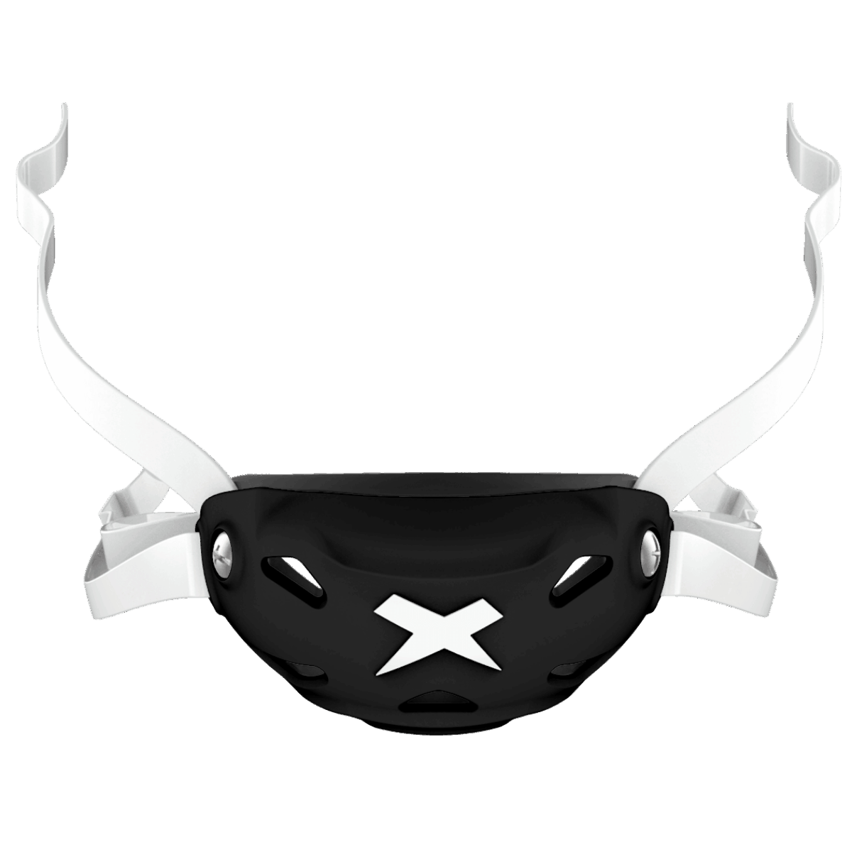 Front facing view 3DX chin cup - black cup with white straps.