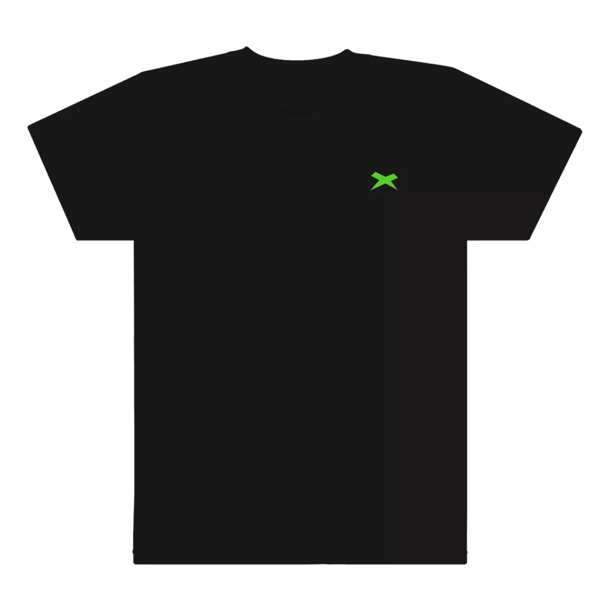 Black t-shirt with a green Xenith "X" logo on upper left chest.