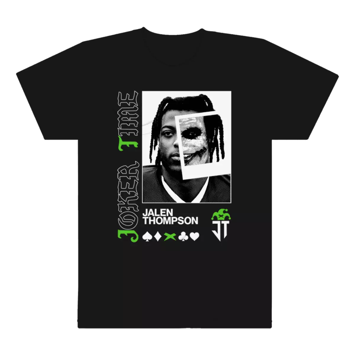 Black t-shirt with an image of Jalen Thompson against a white background and a photo showing half of Joker's face over Jalen's face.