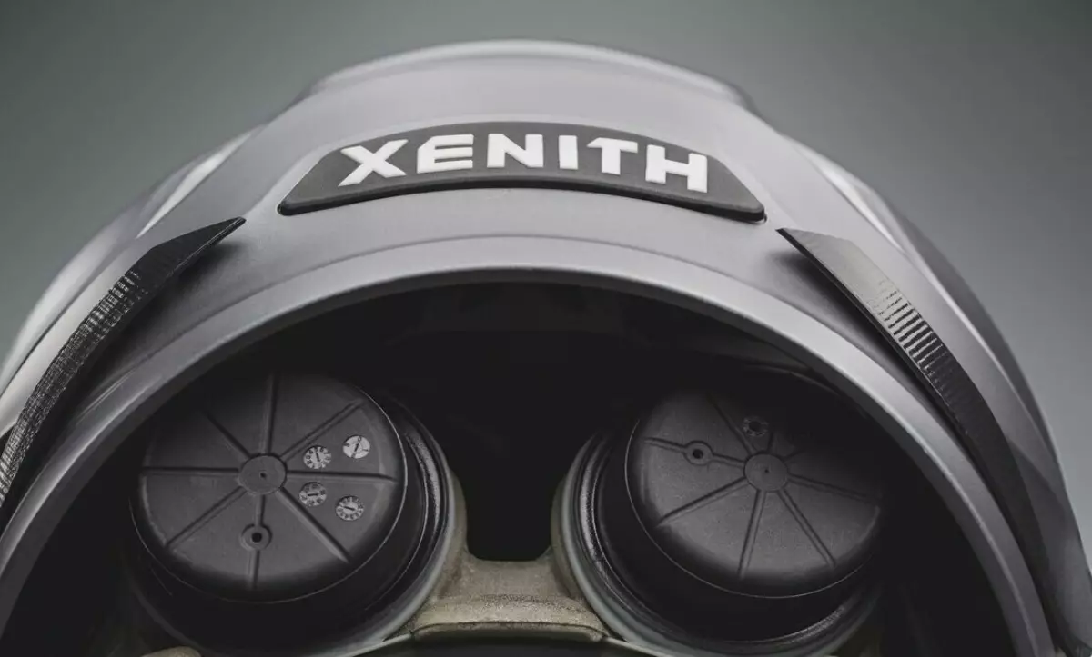 Backside view of a Xenith helmet, showing Single-Stage Shock Absorbers.