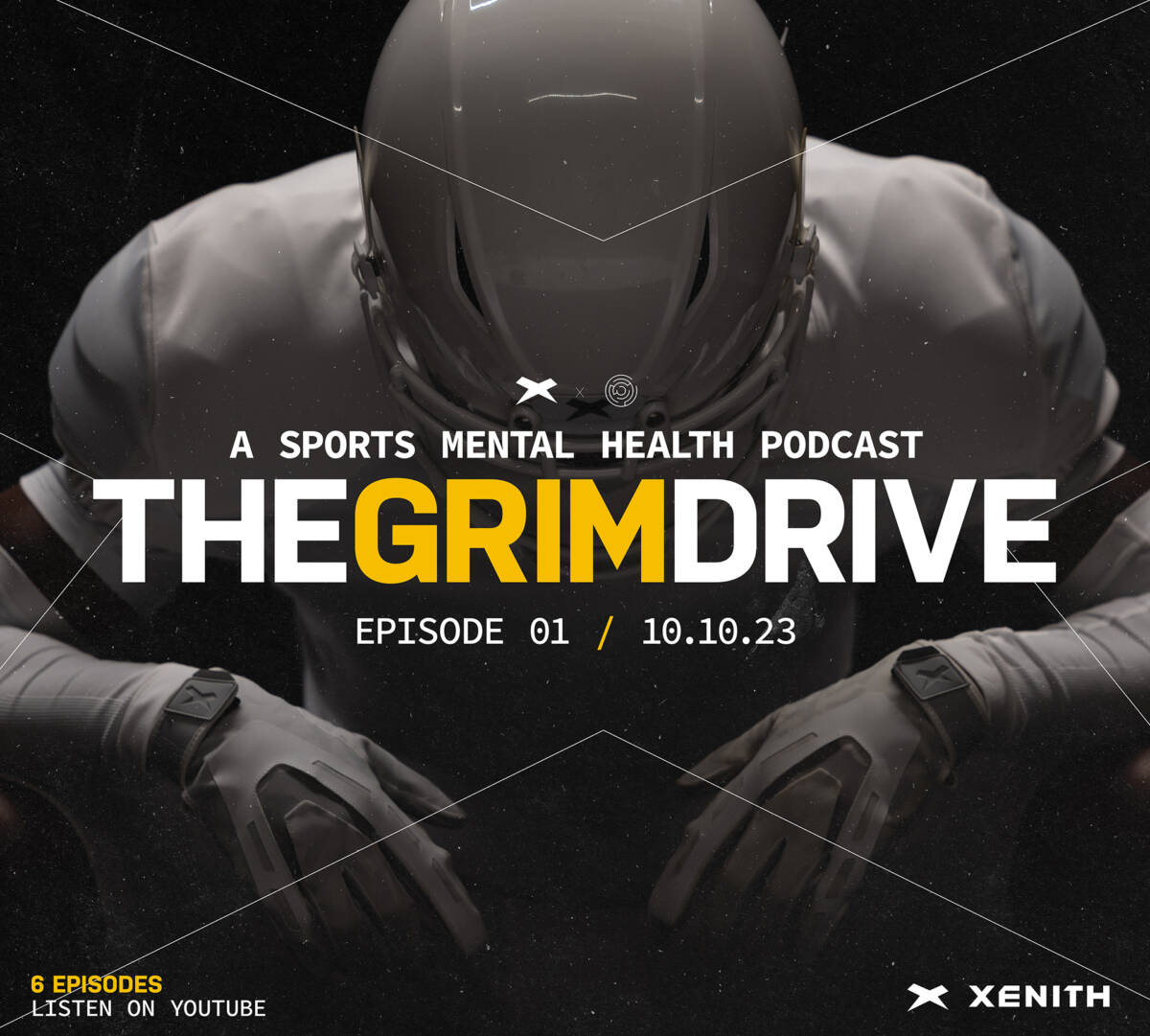"The Grim Drive, A Sports Mental Health Podcast" over top of a football player looking downwards at the ground